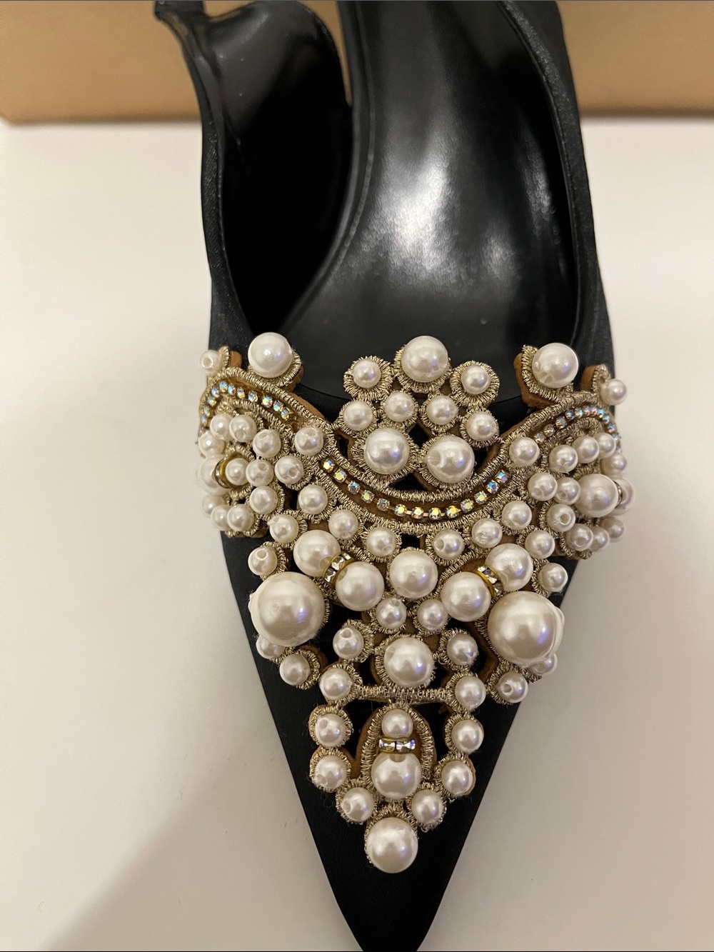 Black Pearl-Embellished Pointed Toe Heel